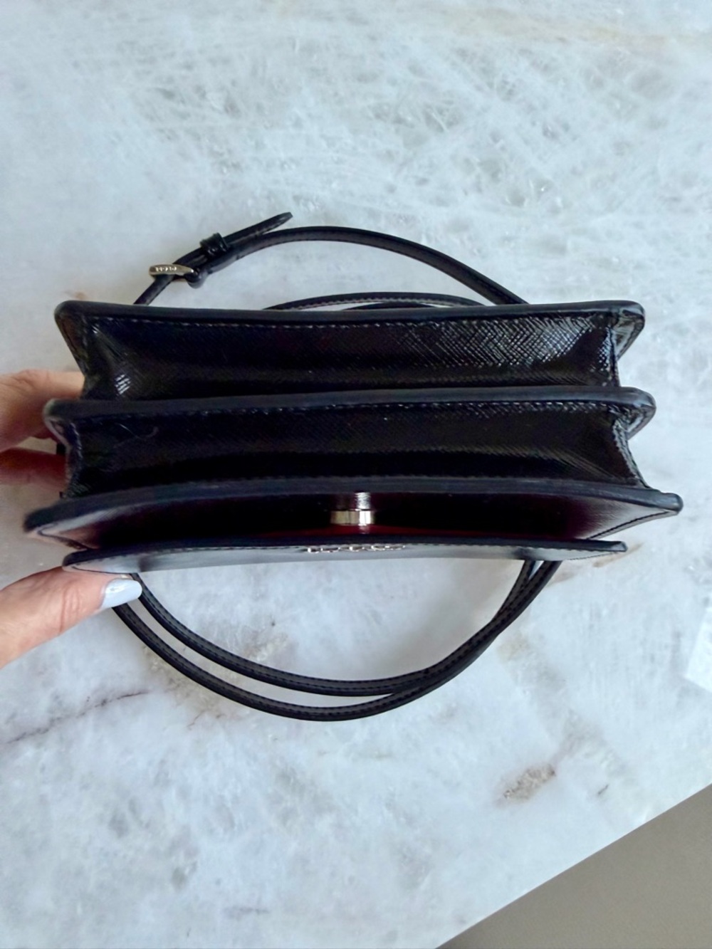 PRADA  Black Saffiano & Red Interior Leather Metal Crossbody Shoulder Bag Clutch - Picture 7 of 15